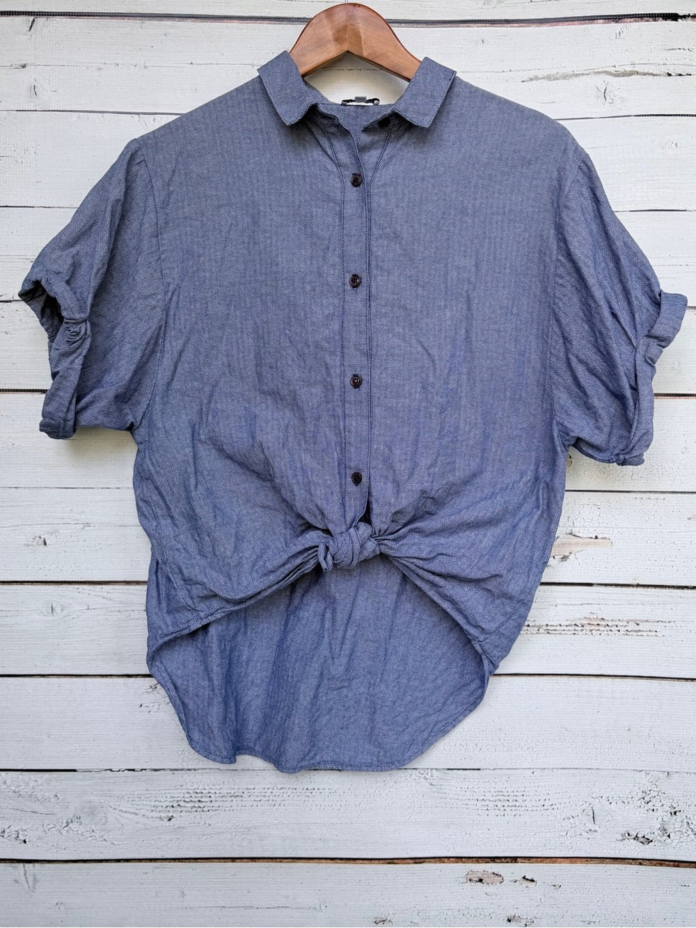 Splendid Herringbone Woven Short Sleeve Tie-Front Button Down Shirt - Small